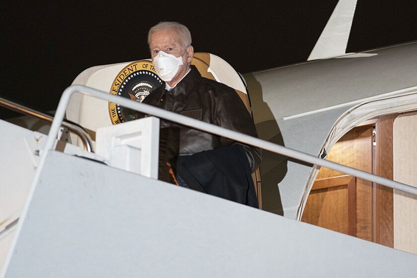 President Joe Biden exits Air Force One after arriving at Hagerstown (Md.) Regional Airport on Friday.