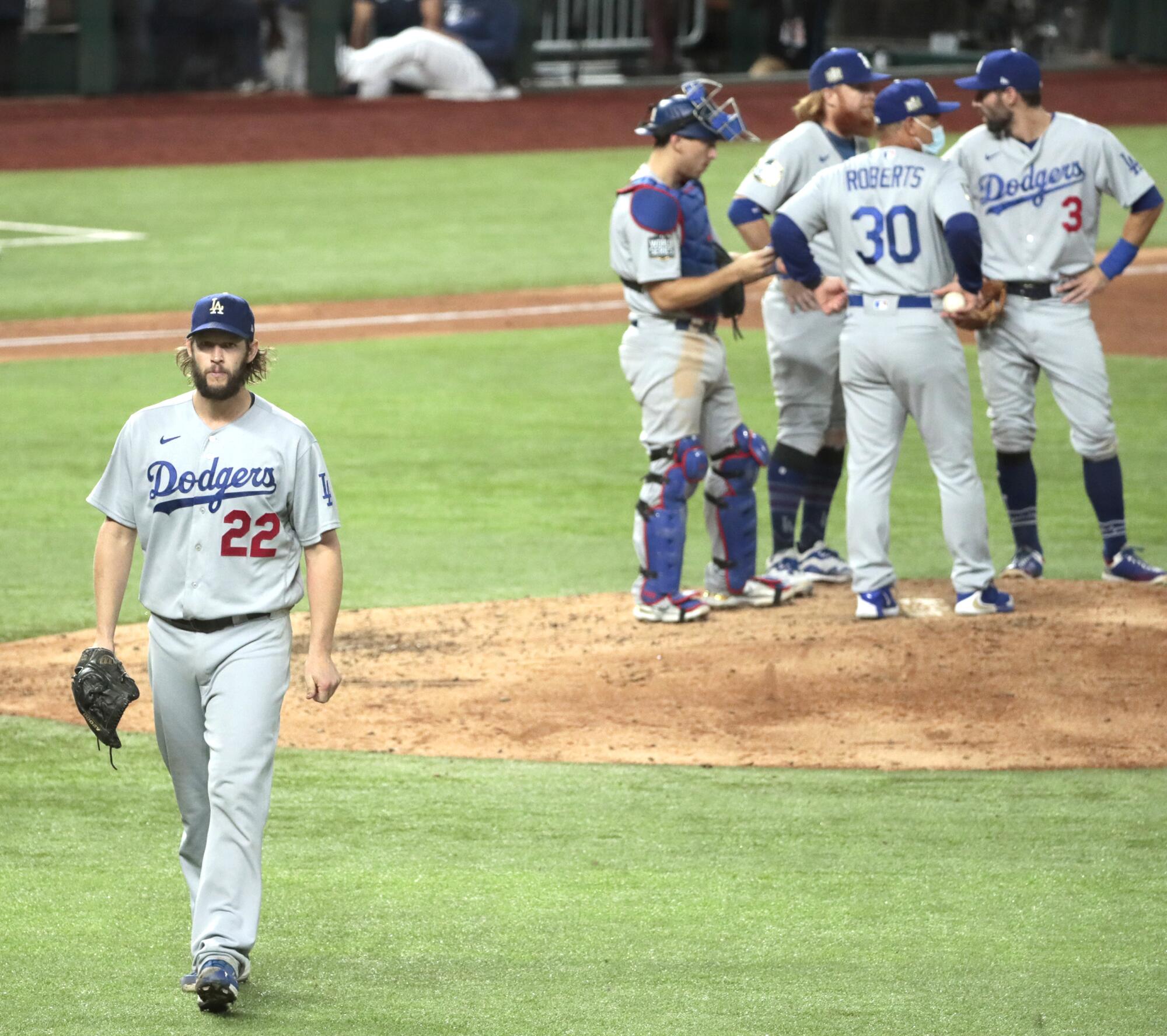 Dodgers starter Clayton Kershaw leaves Game 5 with two outs in the sixth inning.