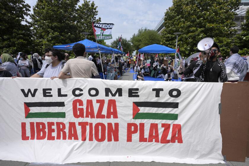 ARCHIVO - Un grupo de personas se reúne para protestar contra la guerra entre Israel y Hamás en una plaza de la Universidad de Texas en Dallas, el miércoles 1 de mayo de 2024, en Richardson, Texas. (AP Foto/LM Otero, Archivo)