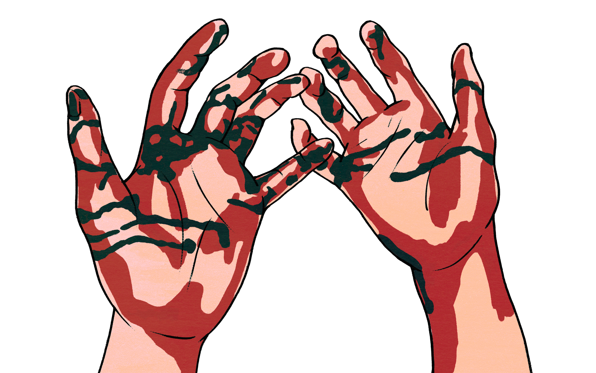 An illustration of hands covered in blood.