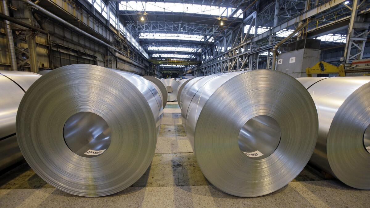 Finished galvanized steel coils await shipment at ArcelorMittal Steel in Cuyahoga Heights, Ohio, on Feb. 15, 2013. President Trump announced last week tariffs on imported steel and aluminum.