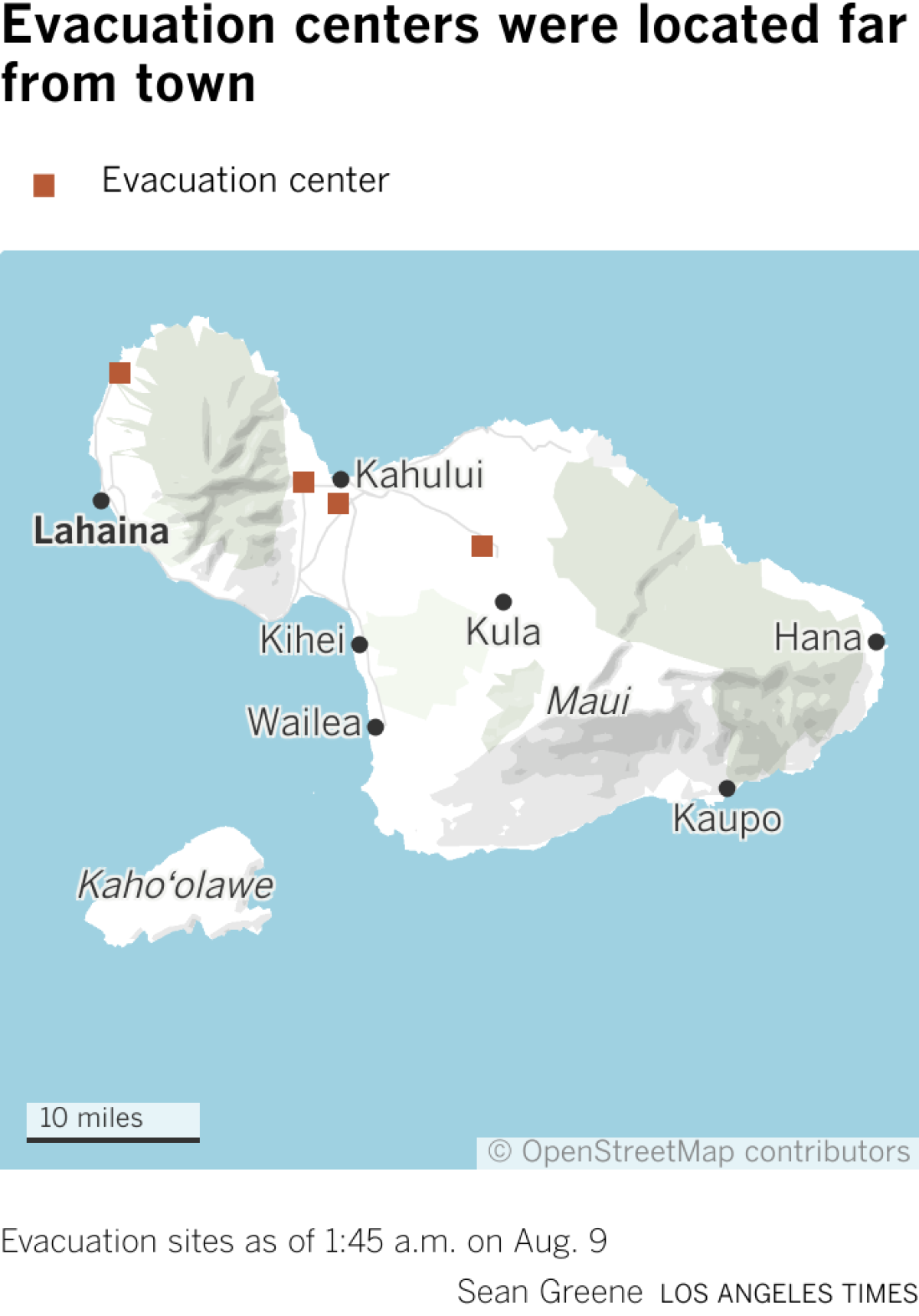 A map of Maui shows evacuation centers around the north and central areas of the island, far from the fire in Lahaina.