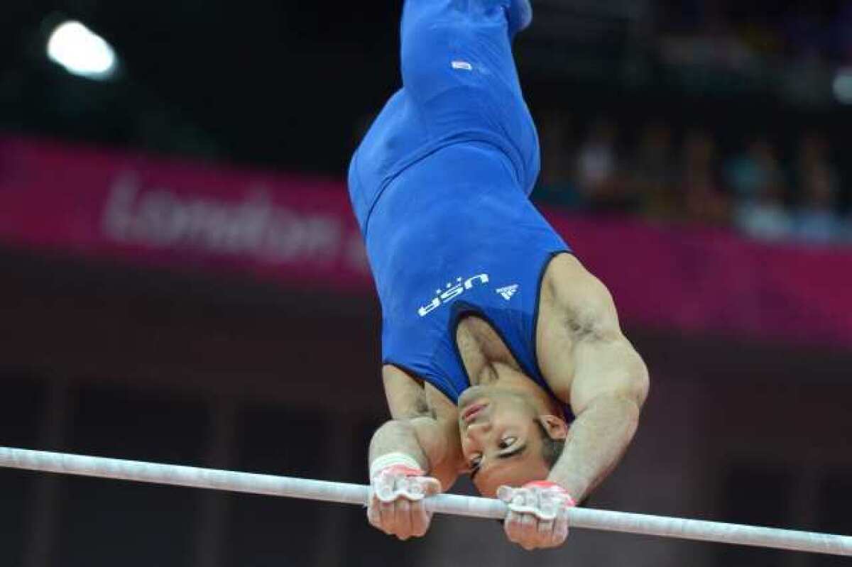 Danell Leyva competes on the horizontal bar during the 2012 London Olympics.