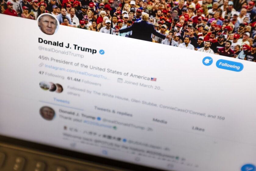 President Donald Trump's Twitter feed is photographed on an Apple iPad in New York, Thursday, June 27, 2019. Trumps next tweet might come with a warning label. Starting Thursday tweets that Twitter deems in the public interest, but which violate the services rules, will be obscured by a warning explaining the violation. Users will have to tap through the warning to see the underlying message. (AP Photo/J. David Ake)