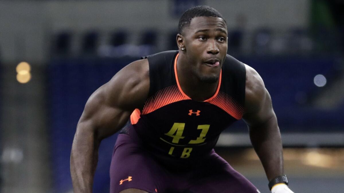 Louisiana State's Devin White takes part in a drill at the scouting combine.