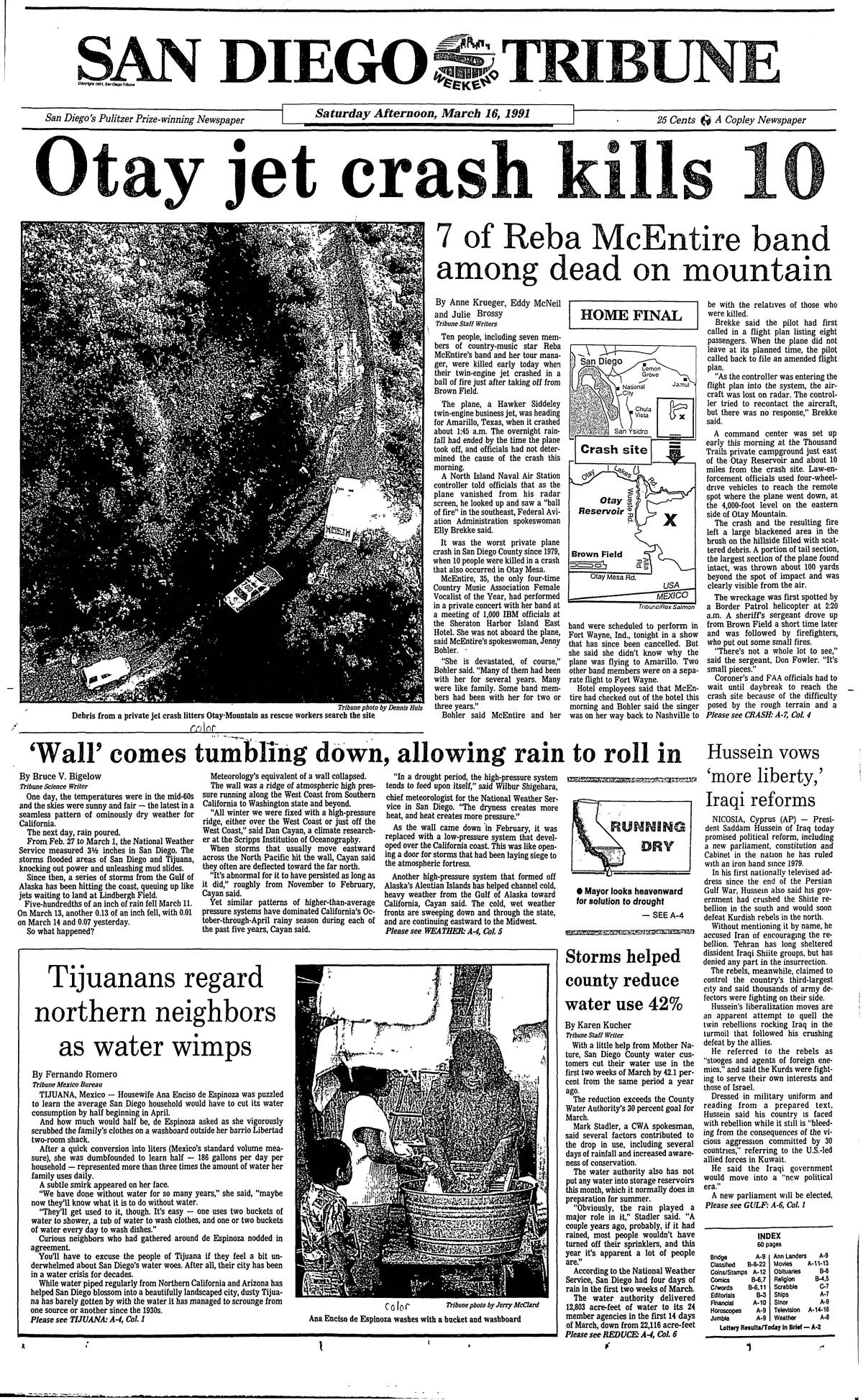 Plane crash news on front page of the San Diego Tribune from March 16, 1991 