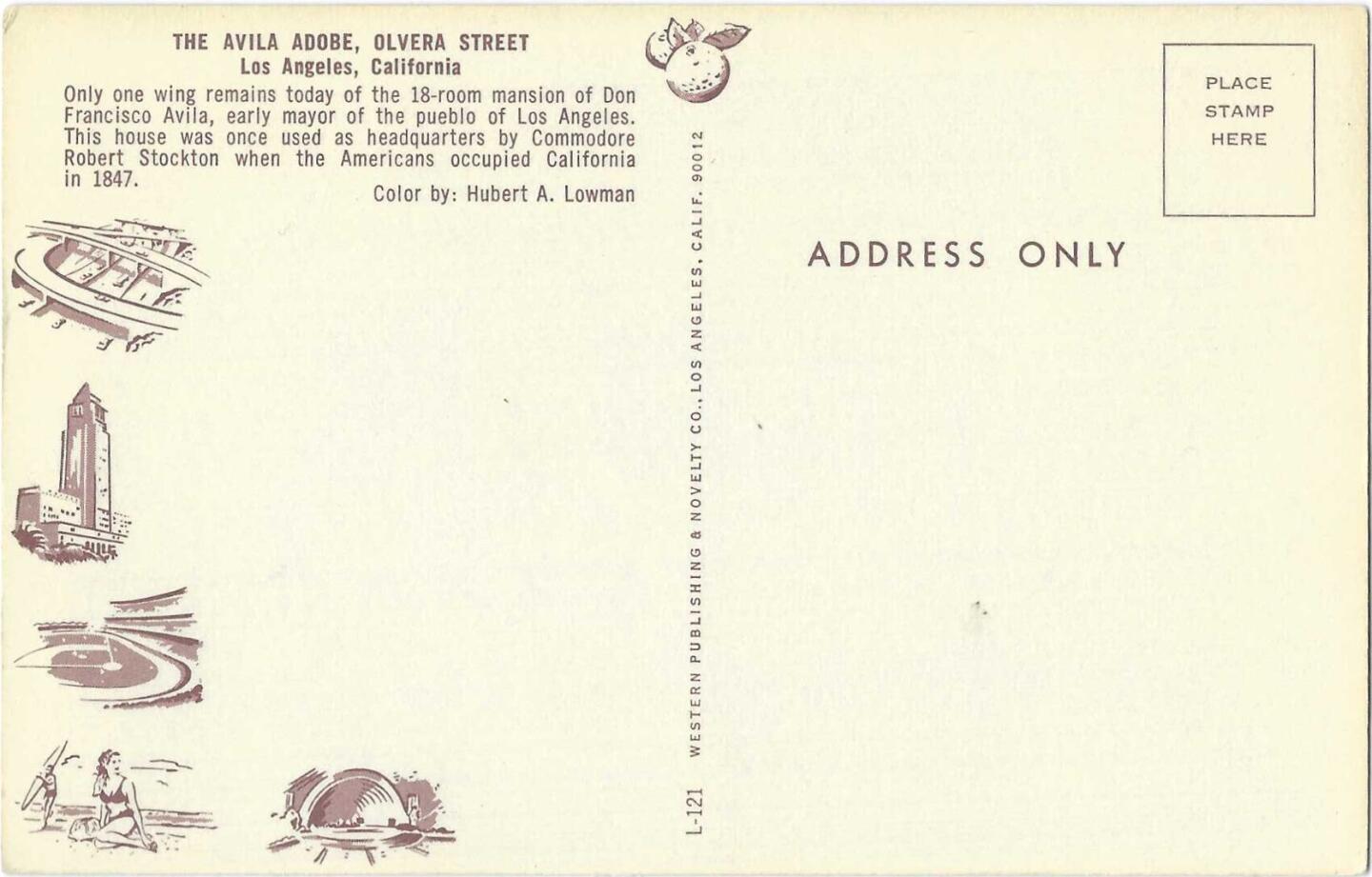 The back of a postcard depicting the Avila Adobe