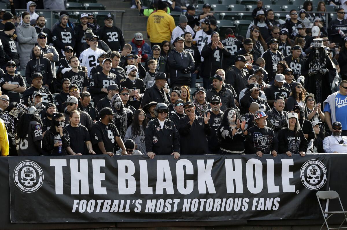 Raiders fans at a game between Oakland and the visiting Carolina Panthers on Nov. 27.