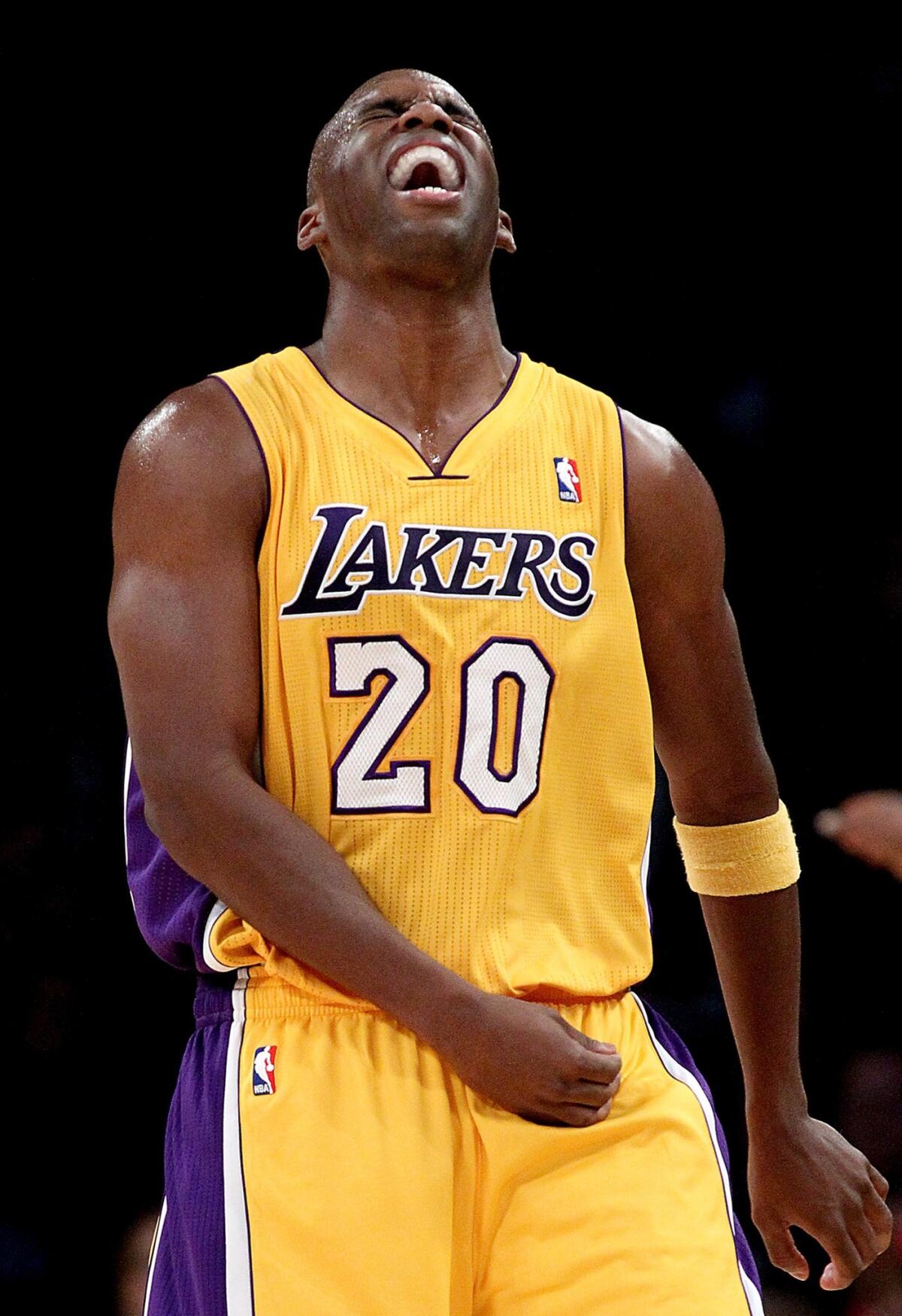 Lakers guard Jodie Meeks reacts after being called for a foul against the San Antonio Spurs at Staples Center on Nov. 1. Meeks, who has started just one of the Lakers' six games, is shooting 51% from the field to lead the Lakers and is tied with Pau Gasol for the team lead in scoring at 12.5 points per game.