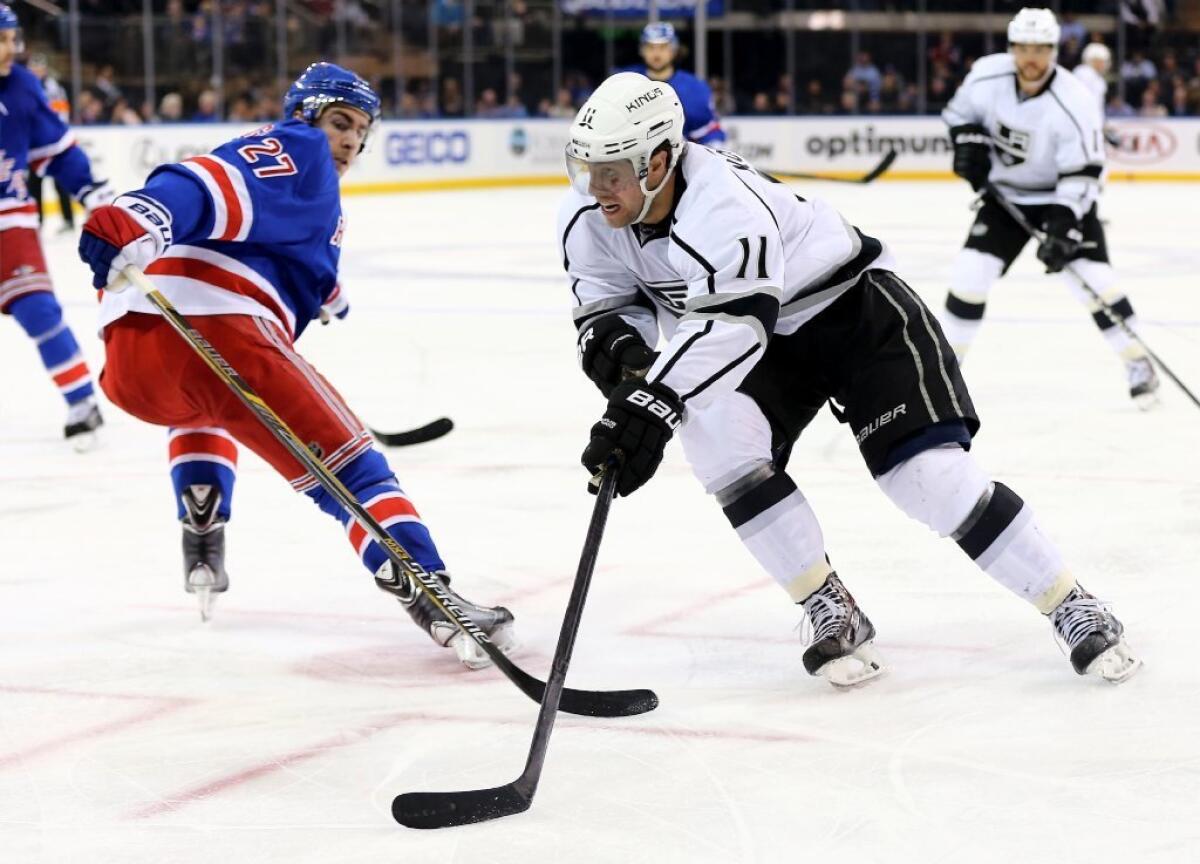 Anze Kopitar drives at the Rangers net during the Kings' 4-2 victory over New York on Tuesday at Madison Square Garden.