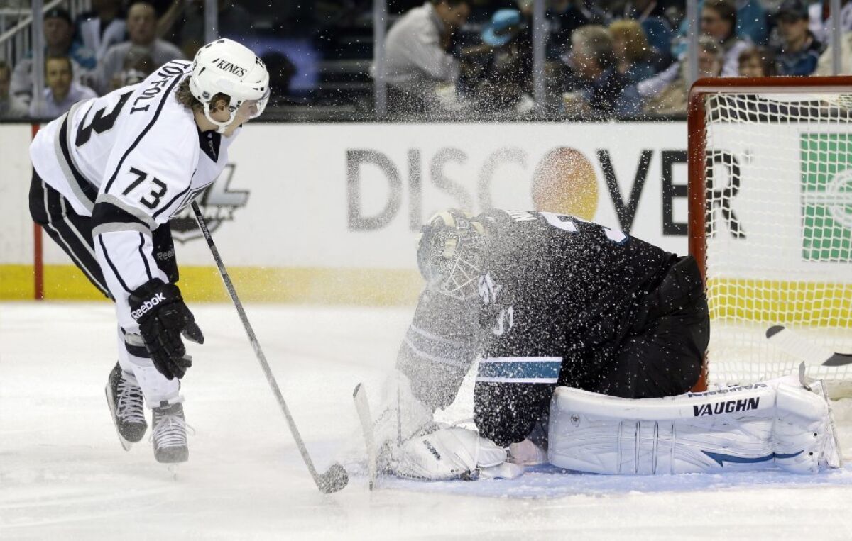 San Jose Sharks goalie Antti Niemi stops a shot from Tyler Toffoli during a second-round playoff series.