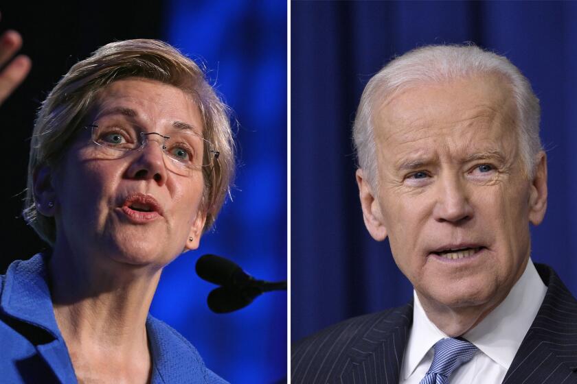 Left: U.S. Sen. Elizabeth Warren addresses the 10th annual Make Progress National Summit in Washington, DC. Right, then Vice President Joe Biden speaks during a signing ceremony for the 21st Century Cures Act in Washington, DC. (Chip Somodevilla, MANDEL NGAN / AFP / Getty Images)