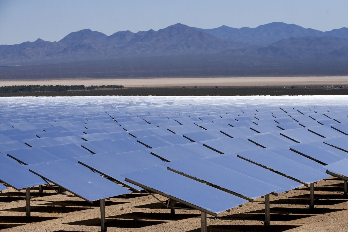 Thousands of heliostats concentrate the sunlight at the Ivanpah Solar Power Station near the California-Nevada border.