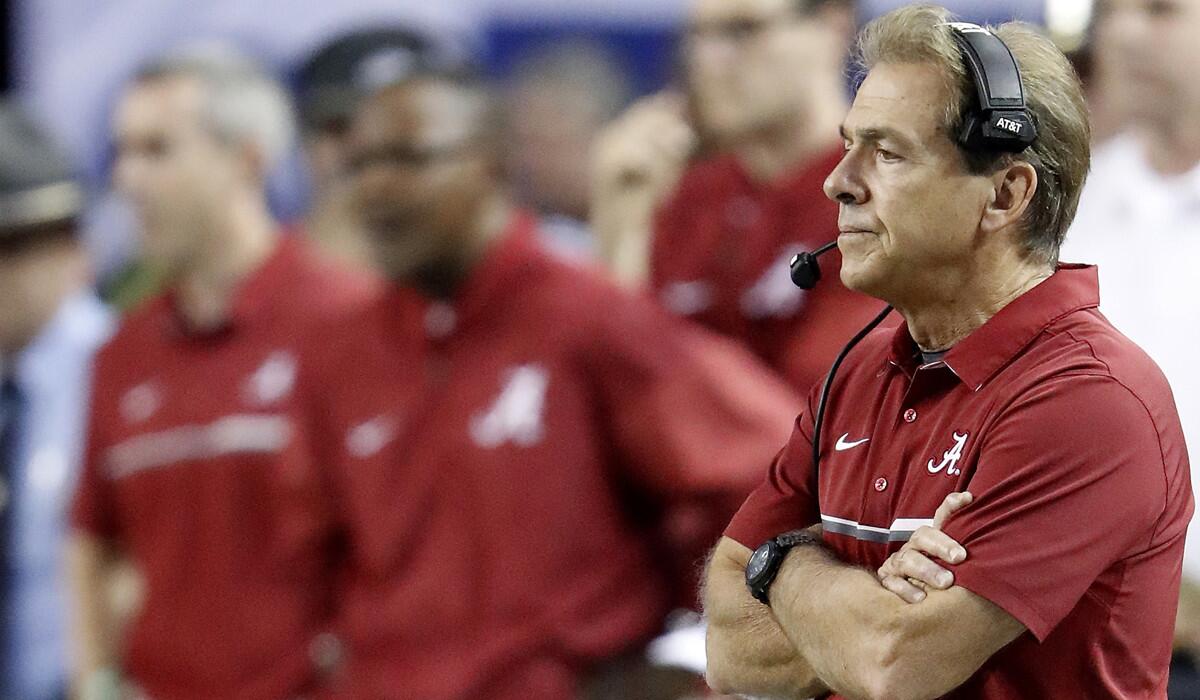 Alabama Coach Nick Saban watches the Crimson Tide play Florida during the second half of the SEC championship game on Dec. 3.