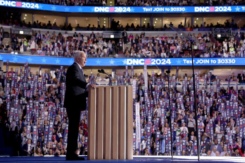 DNC CHICAGO, IL AUGUST 19, 2024 - President Joe Biden speaks during the 2024 Democratic National Convention at United Center in Chicago on Monday, August 19, 2024 in Chicago, IL. (Robert Gauthier/Los Angeles Times)