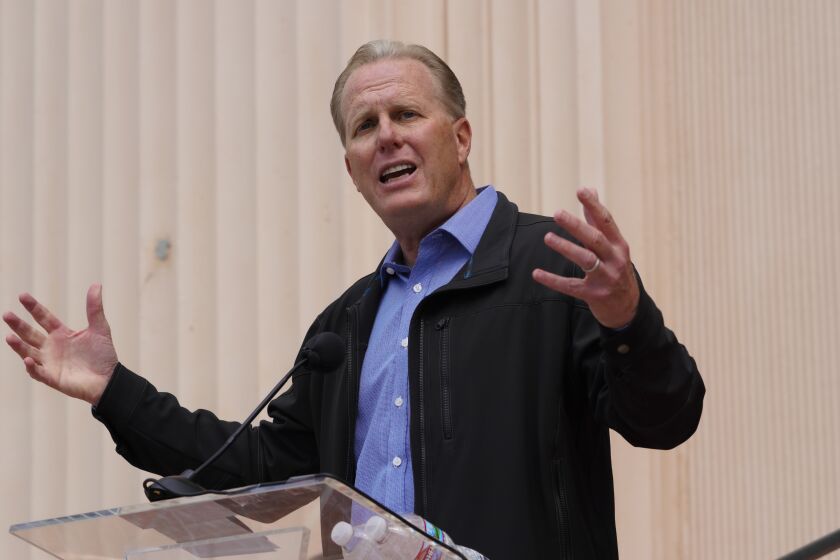 San Diego, CA - March 13: At San Diego County Administration on Saturday, March 13, 2021 in San Diego, CA., Kevin Faulconer was among the crowd who came out to show support to recall California Governor Gavin Newsom. (Nelvin C. Cepeda / The San Diego Union-Tribune)