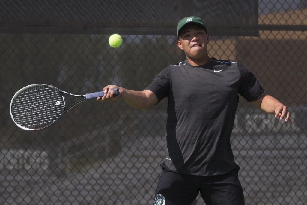 Sage Hill's Ryan Ha competes against San Marcos during a quarterfinal match of the CIF Southern Section Division 2 playoffs.