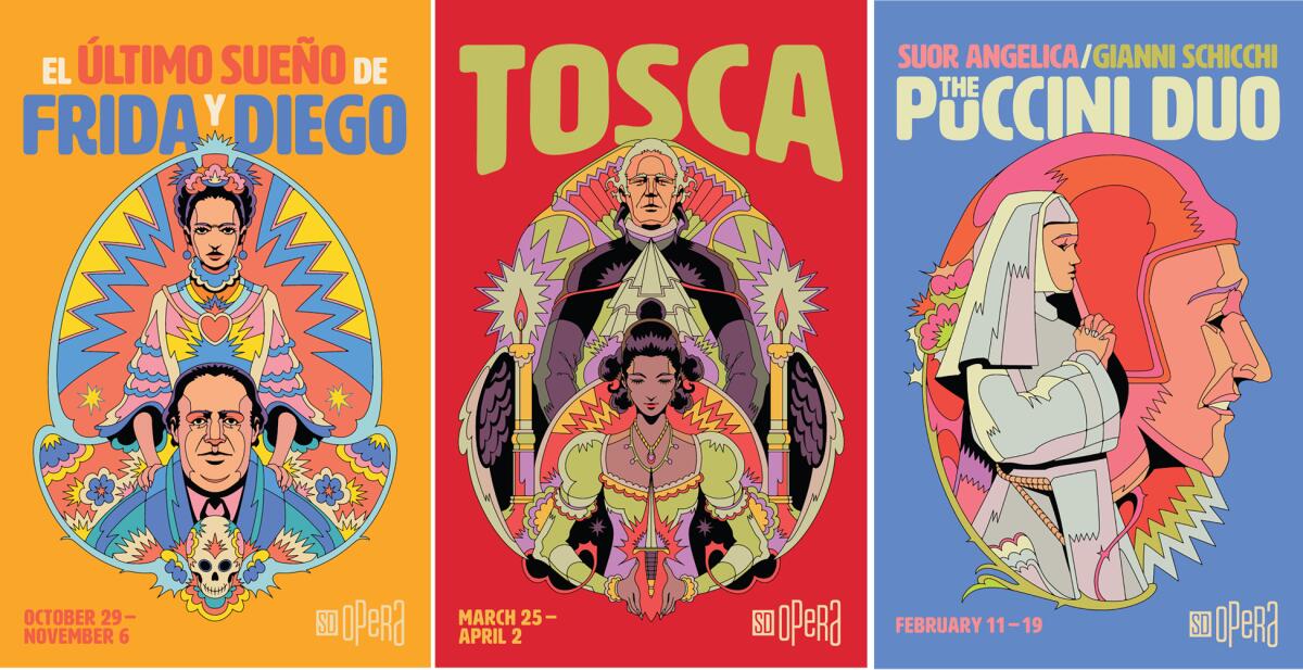 Publicidad de la Ópera de San Diego de esta temporada, realizados por el artista mexicano Raúl Urias.