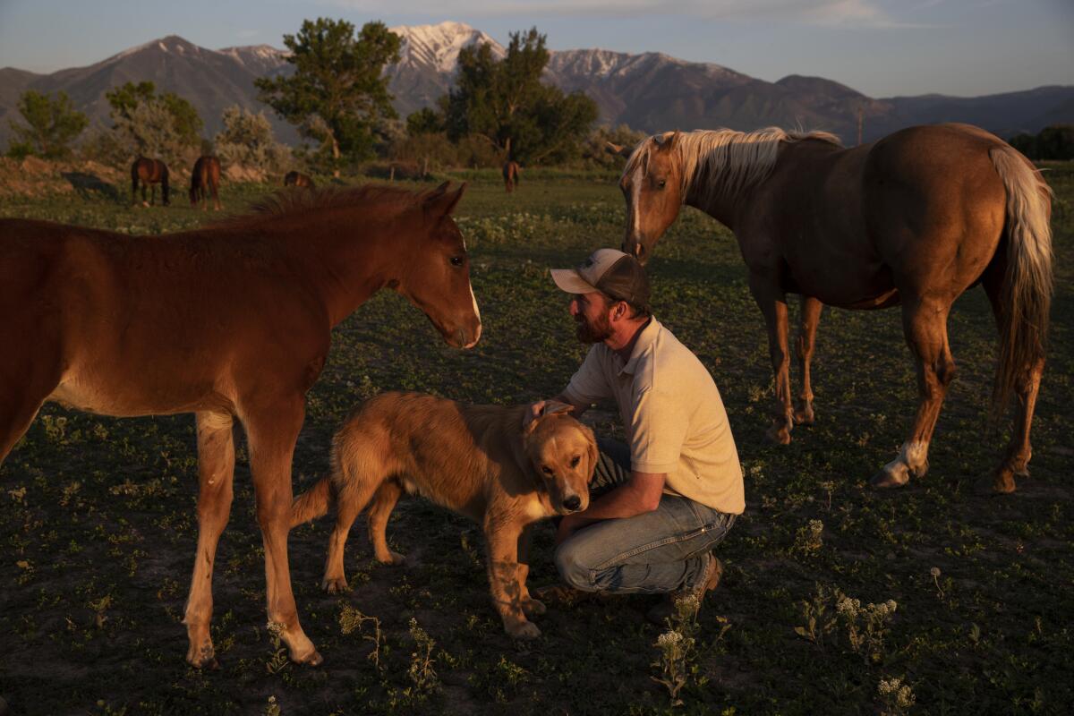 Nathan Ivie with his golden retriever, Max, at the horse ranch.