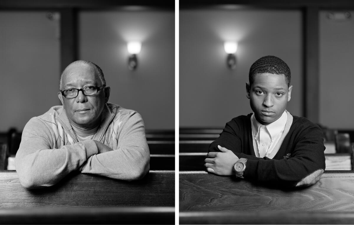 Portraits of an older man and a younger man on the same church pew.