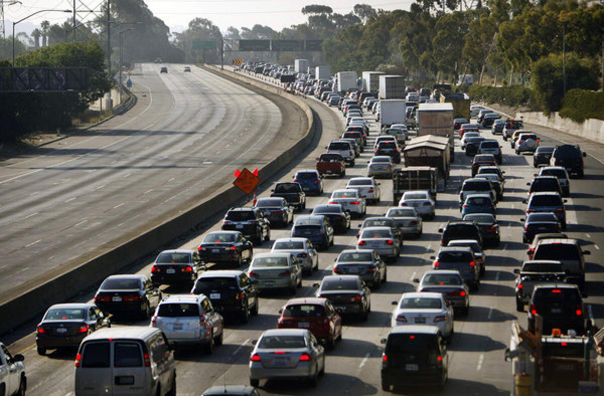 Traffic is snarled on the southbound 5 Freeway at the intersection with the 2 Freeway after a fiery weekend tanker truck accident near downtown Los Angeles.