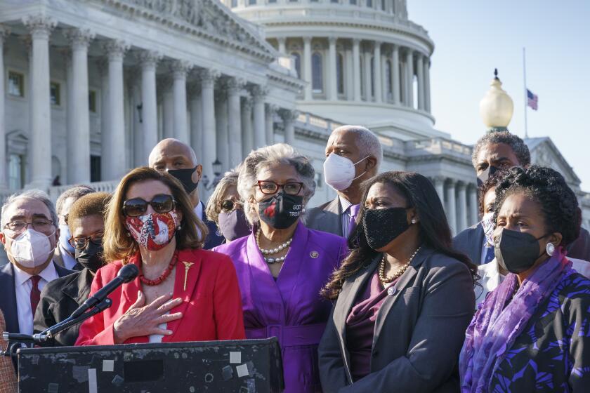 From left, House Speaker Nancy Pelosi, D-Calif., joins Rep. Joyce Beatty, D-Ohio, Rep. Cori Bush, D-Mo., Rep. Sheila Jackson Lee, D-Tex., and the other members of the Congressional Black Caucus, to make a statement on the verdict in the murder trial of former Minneapolis police Officer Derek Chauvin in the death of George Floyd, on Capitol Hill in Washington, Tuesday, April 20, 2021. (AP Photo/J. Scott Applewhite)