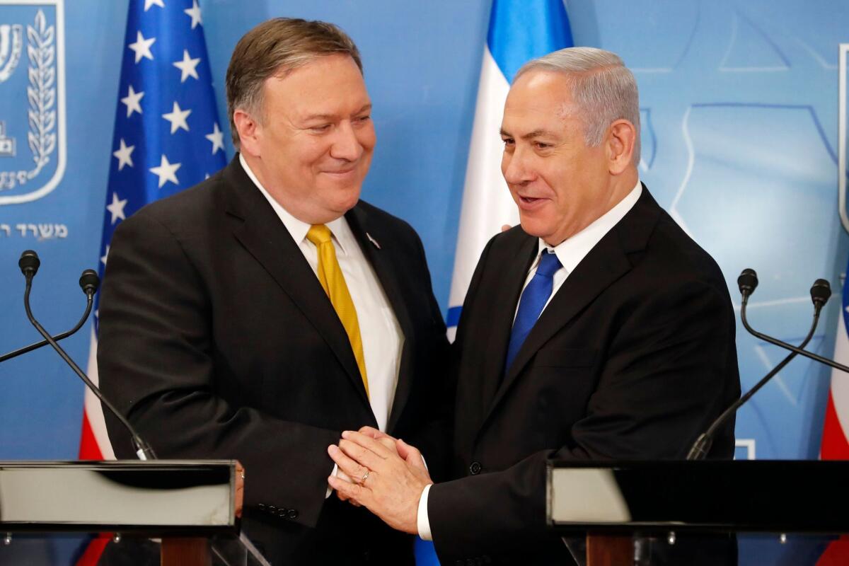 Secretary of State Michael R. Pompeo, left, and Israeli Prime Minister Benjamin Netanyahu in April 2018.