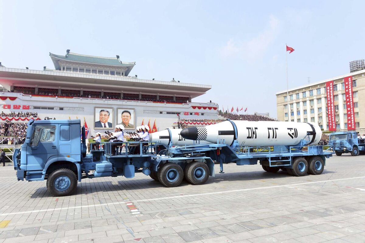FILE - In this Saturday, April 15, 2017, file photo distributed by the North Korean government, Polaris submarine launched ballistic missiles (SLBM) are paraded to celebrate the 105th birth anniversary of Kim Il Sung, the country's late founder, in Pyongyang, North Korea. North Korea could soon conduct its first underwater-launched ballistic missile test in about a year, South Korea’s military said Wednesday, Sept. 16, 2020, amid long-stalled nuclear talks between the North and the United States.(Korean Central News Agency/Korea News Service via AP, File)