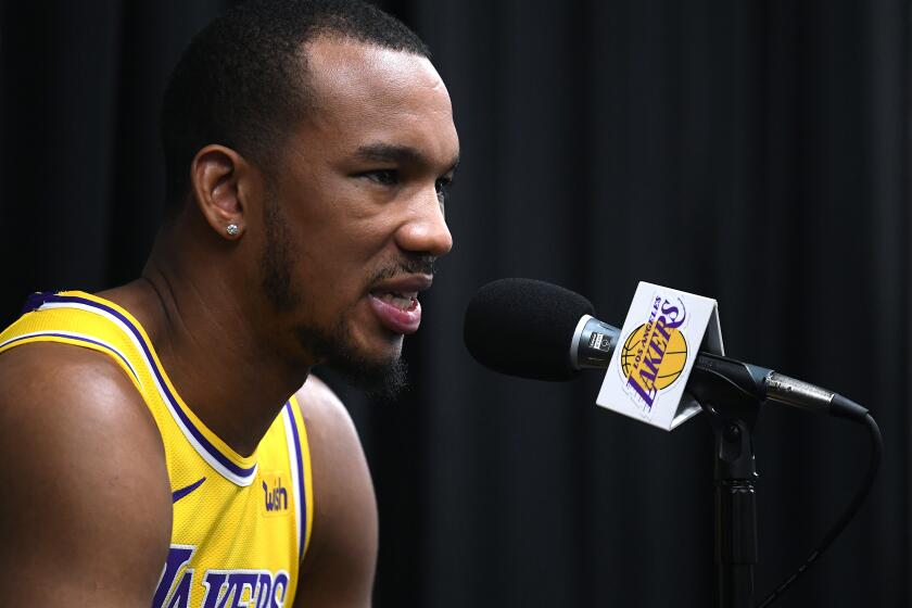 EL SEGUNDO, CALIFORNIA - SEPTEMBER 27: Avery Bradley #11 of the Los Angeles Lakers speaks to the press during Los Angeles Lakers media day at UCLA Health Training Center on September 27, 2019 in El Segundo, California. (Photo by Harry How/Getty Images)