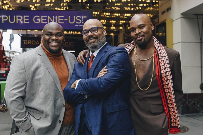 This undated image released by Disney Theatricals shows actors Marcus M. Martin, from left, James Monroe Iglehart, and Michael James Scott in New York. Martin, Iglehart, and Scott have portrayed Aladdin in the Disney musical. (Marc. J. Franklin/Disney Theatricals via AP)