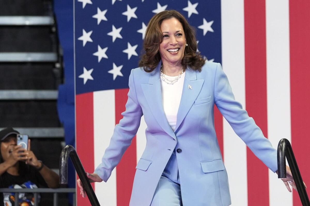 Vice President Kamala Harris arrives to speak during a campaign rally with a U.S. flag as a backdrop.