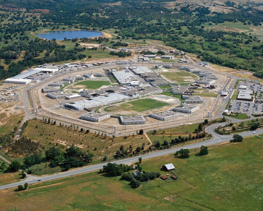 An aerial view of Mule Creek State Prison in Amador County, Calif., where reports say inmates are being monitored for the novel coronavirus.