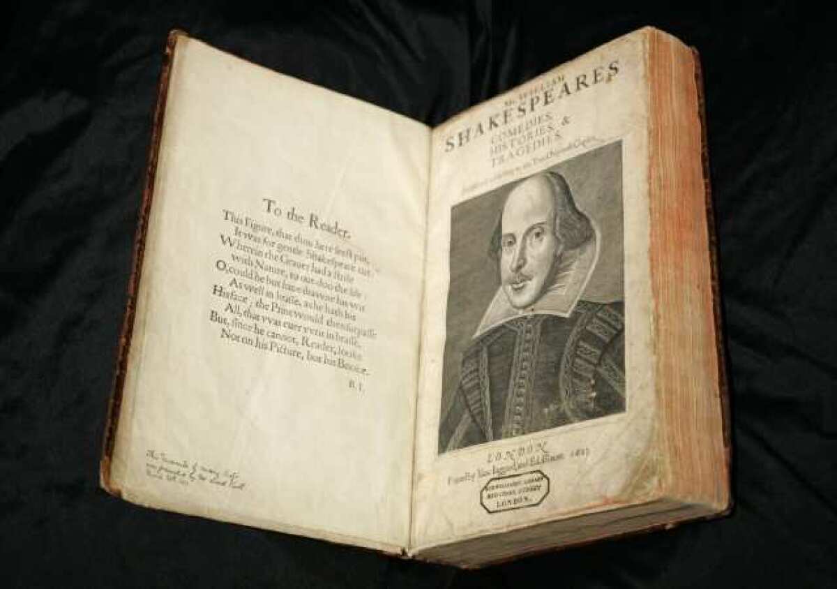A 17th century copy of the First Folio edition of William Shakespeare's plays.