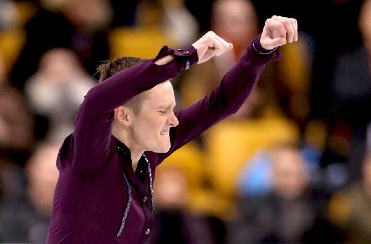 Jeremy Abbott reacts at the end of his short program on Friday night during the U.S. Figure Skating Championships at TD Garden in Boston.