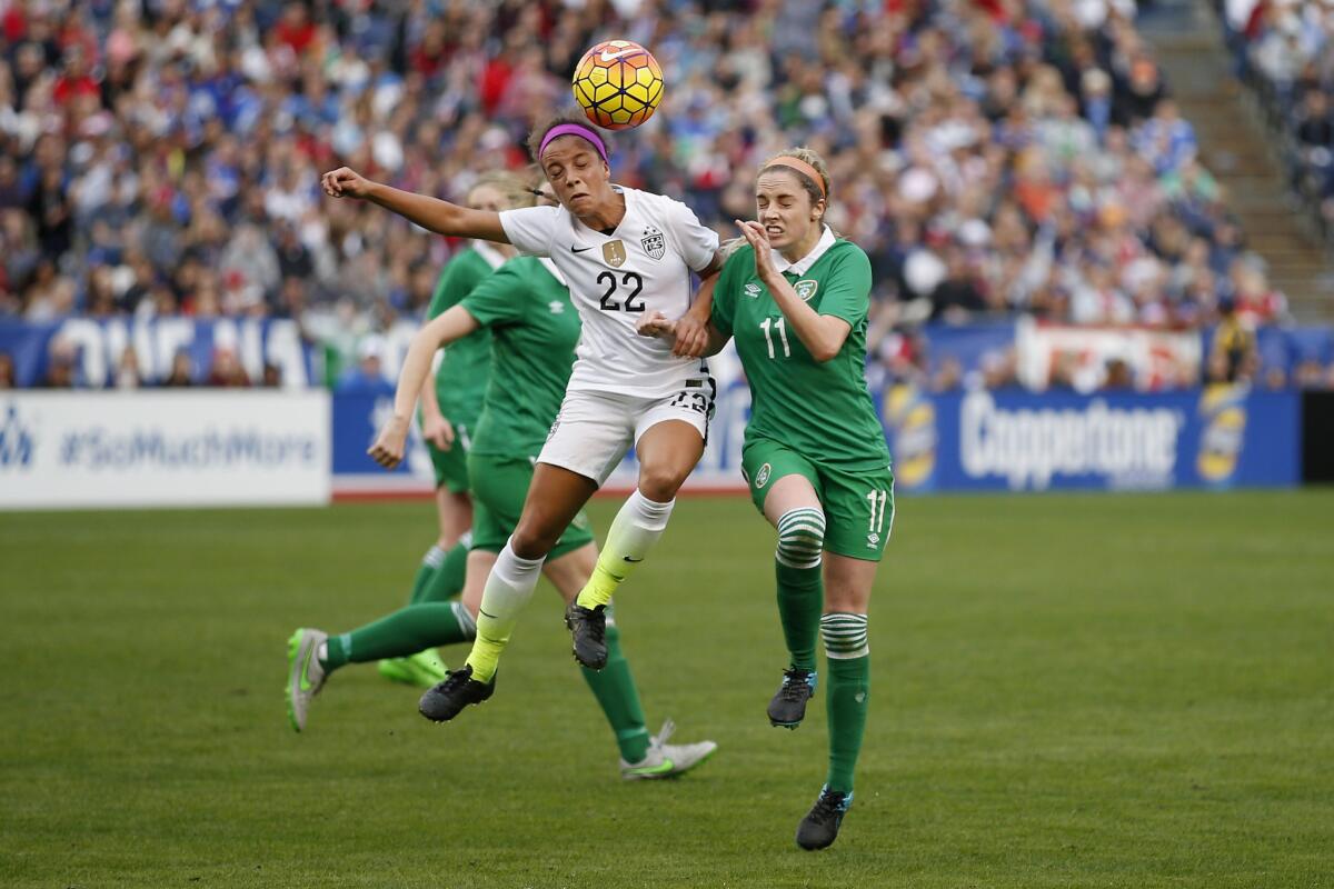 Mallory Pugh of the United States fights for the ball with Julie Ann Russell of Ireland during a match at Qualcomm Stadium on Jan. 23.