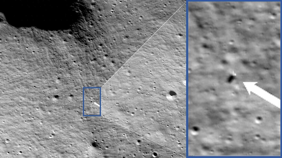 These photos provided by NASA show images from NASAs Lunar Reconnaissance Orbiter Camera team which confirmed Odysseus completed its landing. After traveling more than 600,000 miles, Odysseus landed within 1.5 km of its intended Malapert A landing site, using a contingent laser range-finding system patched hours before landing. (NASA/Goddard/Arizona State University via AP)