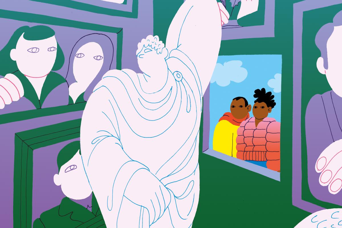 An illustration shows a BIPOC couple gazing inside a museum filled with white figures.