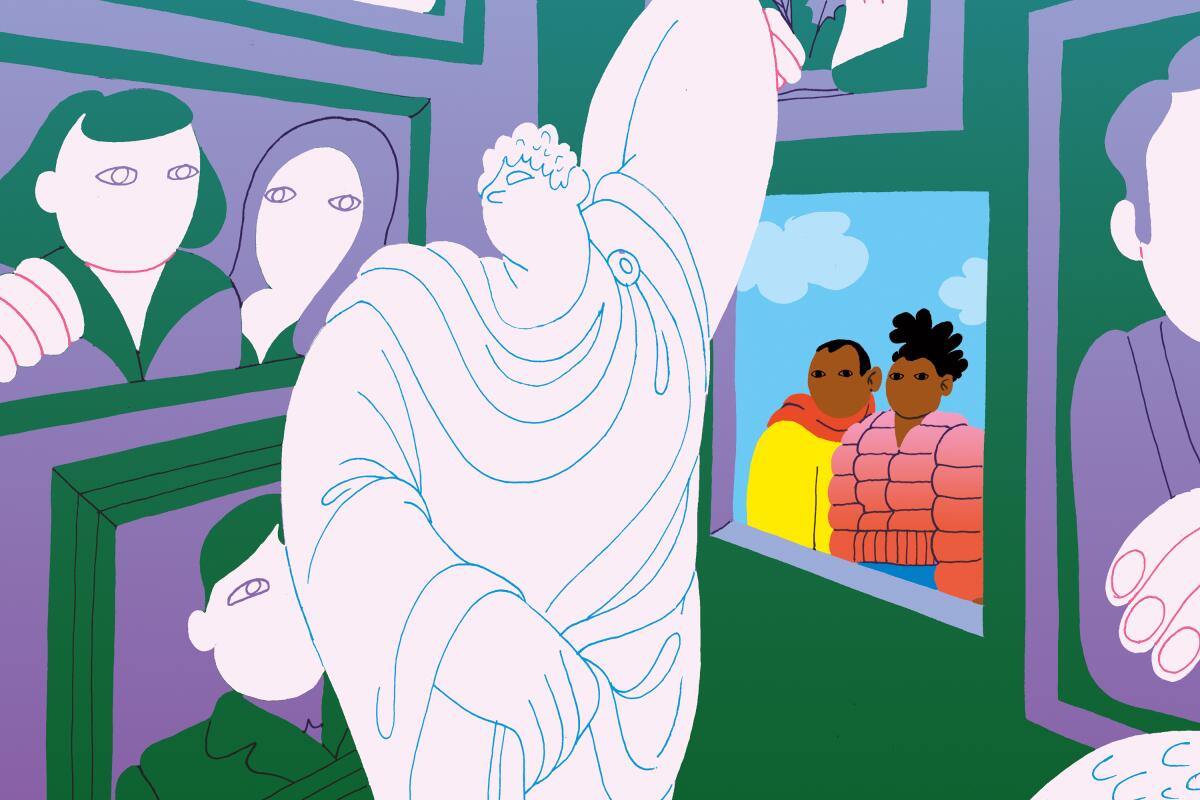 An illustration shows a Black couple gazing inside a museum filled with white figures.