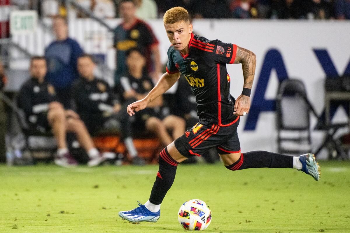 Gabriel Pec, shown here earlier this season, had one of two goals for the Galaxy on Wednesday.