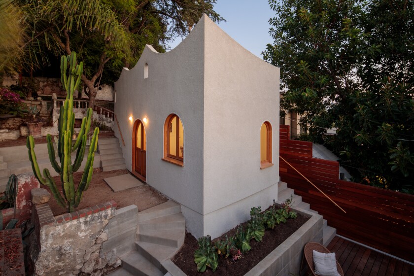 The Stiff Peaks writing studio, designed by Chris Skeens and Ben Warwas, features a hidden rooftop deck with views of DTLA.