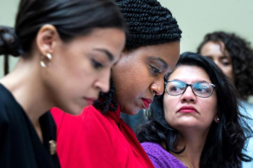 Democratic Representatives Alexandria Ocasio-Cortez (L), Ayanna Pressley (C), and Rashida Tlaib (R) attend a House Oversight and Reform Committee hearing on Kellyanne Conway's reported violations of the Hatch Act in the Rayburn House Office Building in Washington, DC, USA, 15 July 2019. EFE/EPA/Jim Lo Scalzo