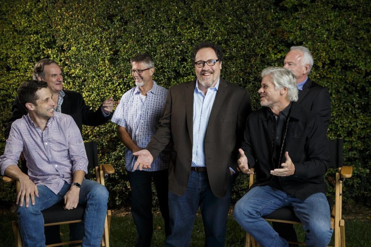 "The Jungle Book" filmmakers from left: Justin Marks (screenwriter), Rob Legato (visual effects), Christopher Boyes (sound editor), Jon Favreau (director), Brigham Taylor (producer) and John Debney (composer).