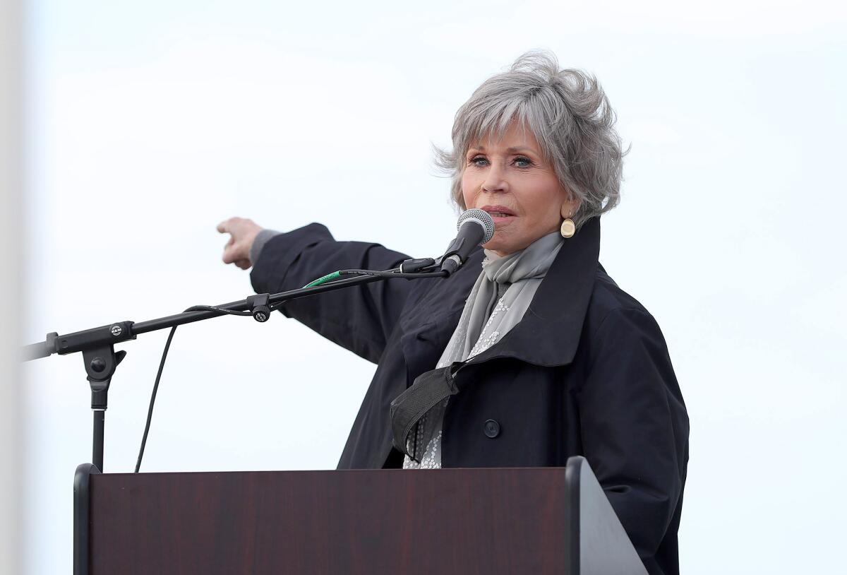 Jane Fonda speaks at a press conference in Laguna Beach in support of a ban on all offshore oil drilling in California.