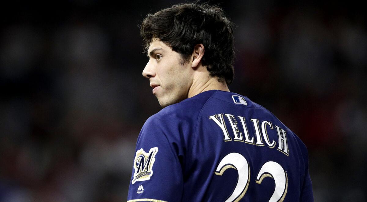 Brewers outfielder Christian Yelich at first base after singling in the seventh inning Friday night against the Dodgers.
