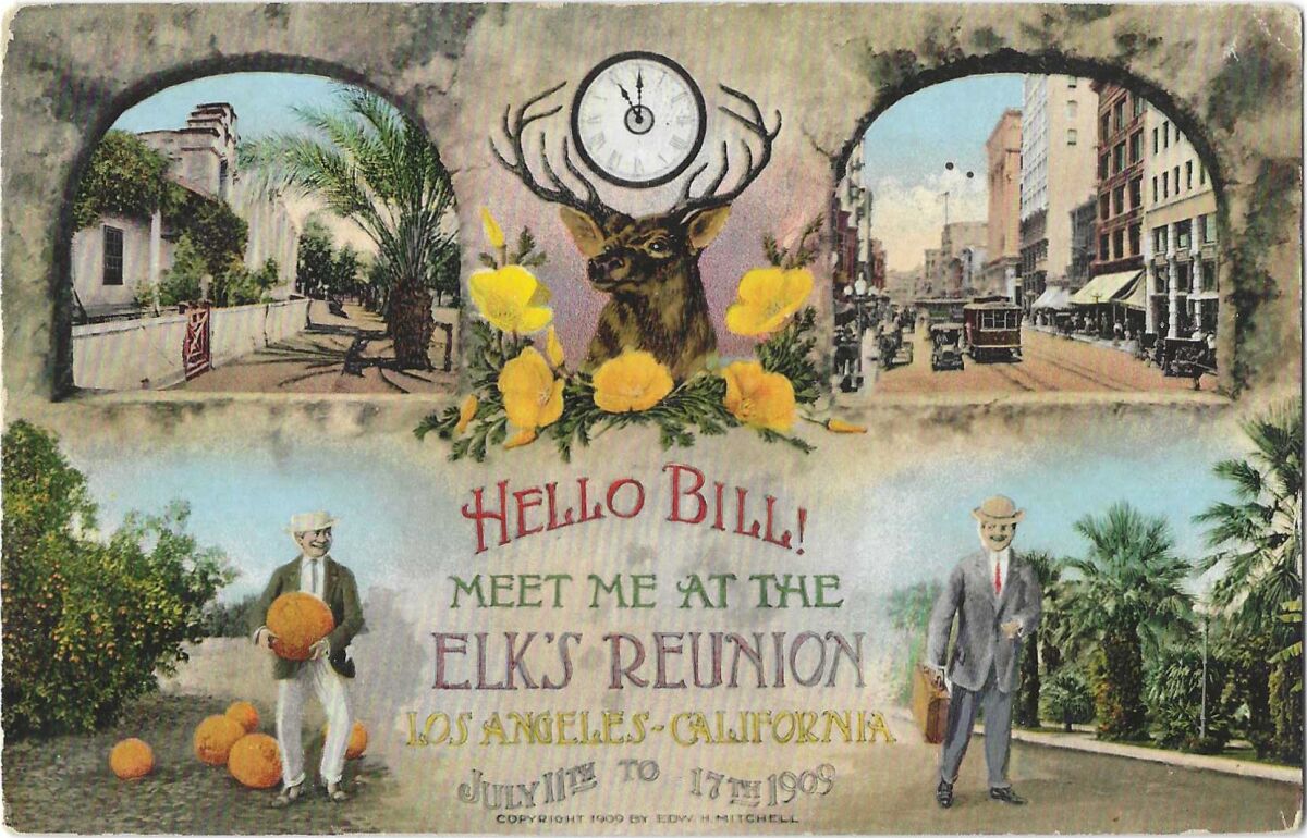 Four scenes and an elk are depicted on a postcard advertising the 1909 Elks convention in L.A.