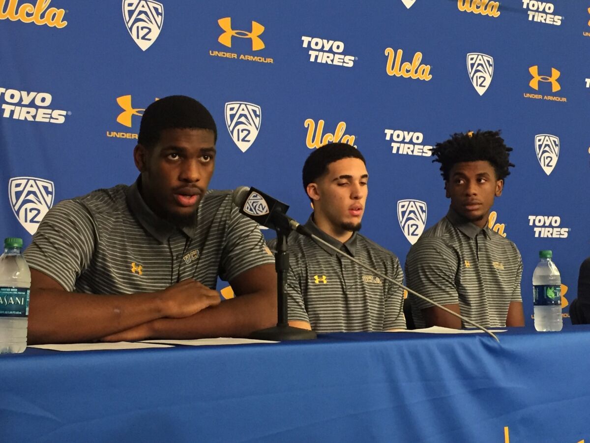 UCLA's Cody Riley, left, LiAngelo Ball, center, and Jalen Hill speak during a press conference on No. 15, 2017.