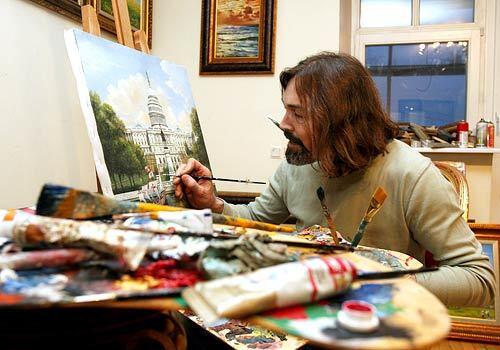 Artist Nikas Safronov in his studio in the center of Moscow.