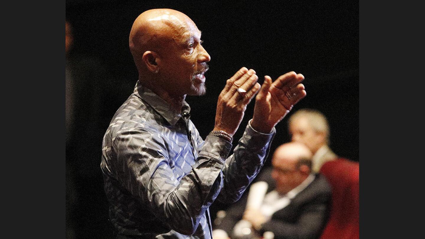 Executive Producer Montel Williams talks about the documentary Architects of Denial at a screening at Pacific Theatres at the Americana at Brand on Wednesday, October 25, 2017. Hosted by the Armenian National Committee of America, Glendale Chapter, the film's purpose is to educate people and heighten public awareness of the atrocities of the Armenian Genocide of 1915.