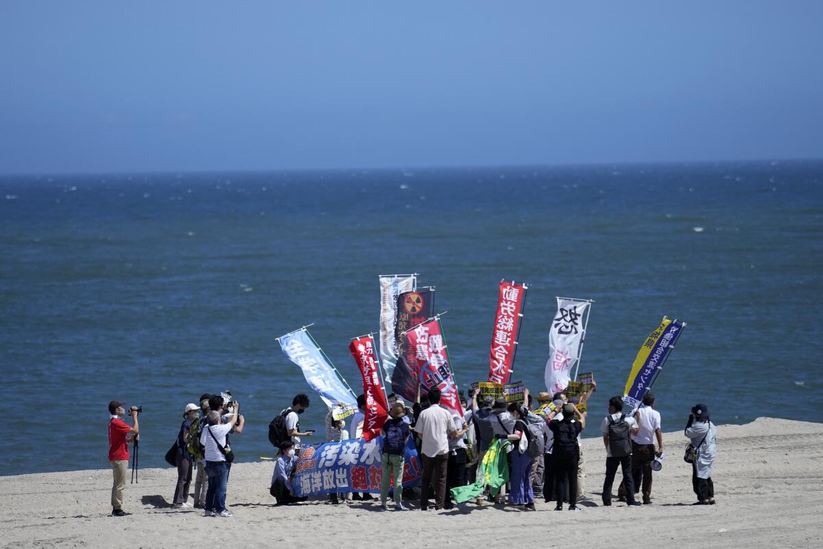 Protesters on a beach holding signs in Japanese