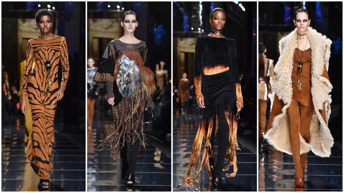 Looks from the fall/winter Balmain runway collection at Paris Fashion Week.